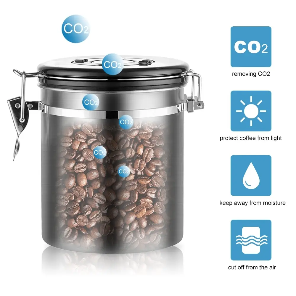 Stainless Steel Airtight Coffee Container Storage Canister Set jar With Scoop For Beans Tea 1.5L | Дом и сад