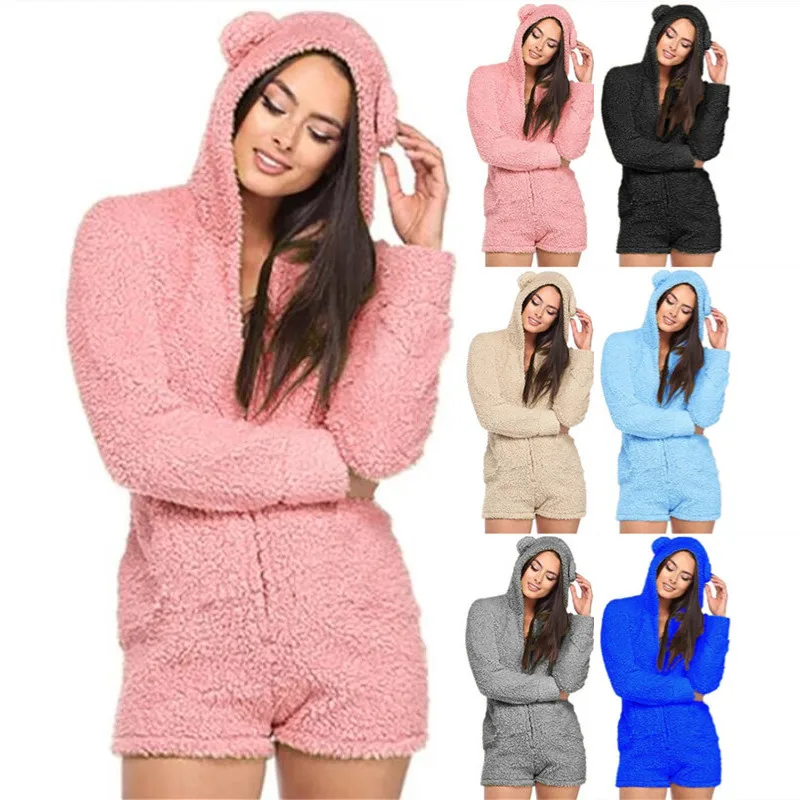 Женская плюшевая Пижама с капюшоном длинными рукавами и шорты сплошного цвета