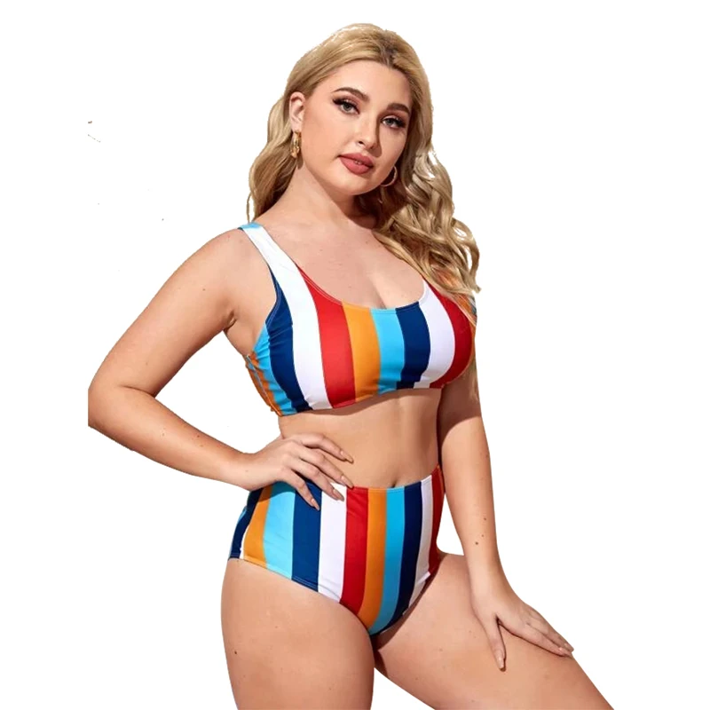 

Striped Bikini Set Sport Swimwear Plus Size Swimsuit Women Bathsuit Two Piece Biquinis Brazilian Beachwear High Waist Bathers