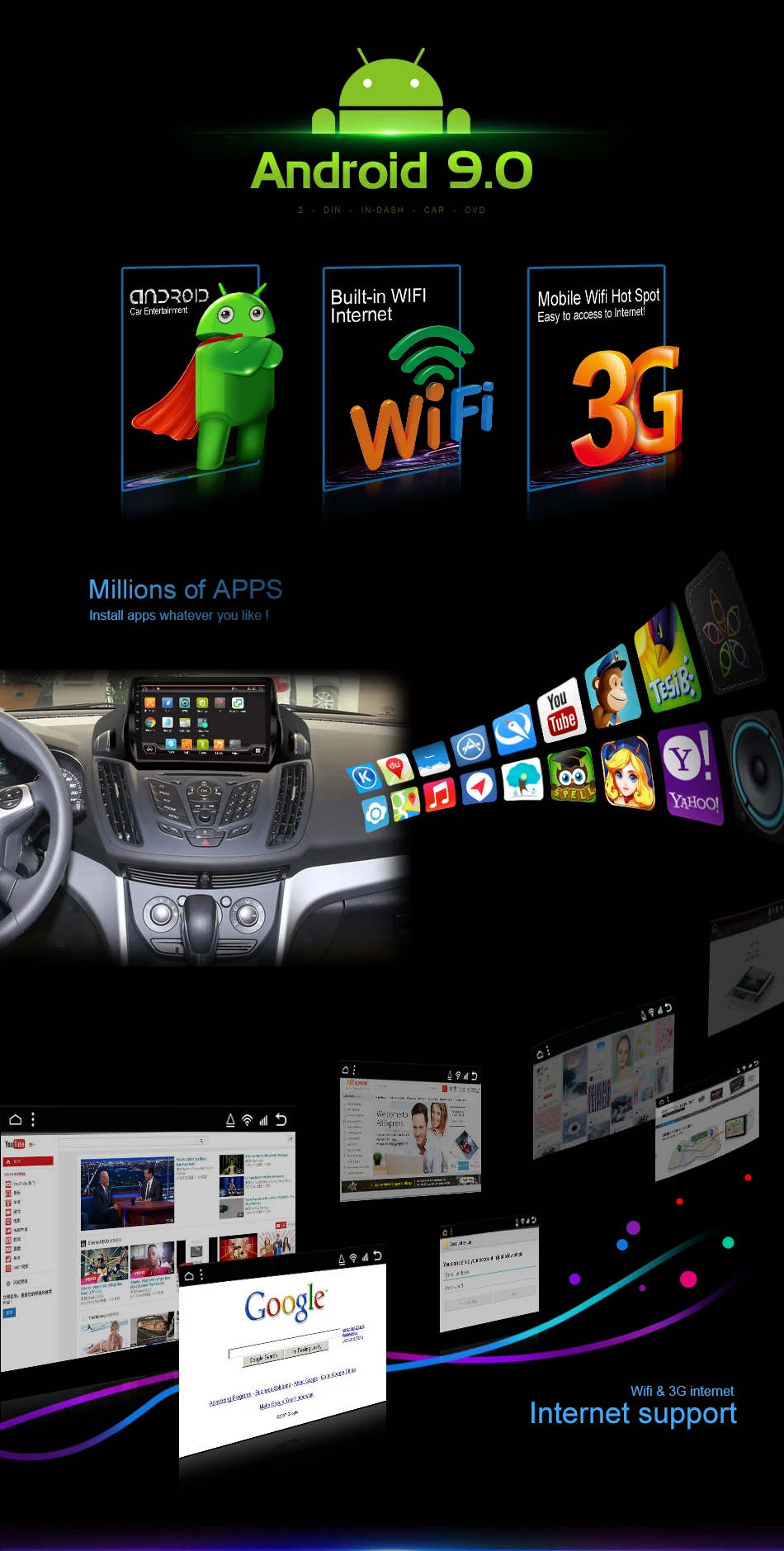 2 din Авторадио автомобиля стерео радио Android 9,0 для Ford Kuga Радио мультимедийный плеер с Wi-Fi Разделенный экран 2G ram 32G rom
