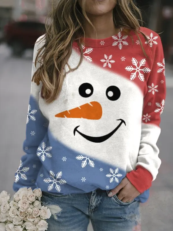 

Christmas Loose Round neck pullover snowman printing Long sleeve Base Oversized T-shirt Sweatshirt Spring Autumn fashion women