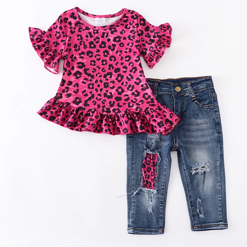 

Girlymax Baby Girls Pink Leopard Rainbow Cow Camp Floral Smocked Jeans Overall Capris Pants Boutique Sets Kids Clothing Ruffles