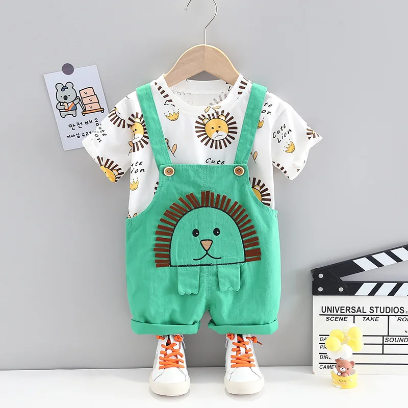 

Wholesale Kids Clothes Toddler Summer Boys Sets Clothing 2021 Cute Lion O-neck Short Sleeved T-shirts + Overalls Infant Outfits