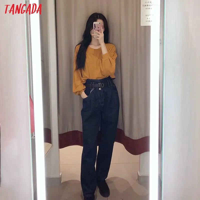 Tangada Женские повседневные темно-синие джинсы брюки с поясом высокая талия карман брюки стильные джинсовые брюки 4M141