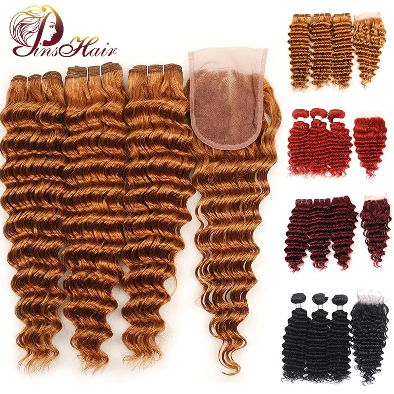 Pinshair 30 бордовые глубокая волна пряди с закрытием красные 99J цветные черные волосы