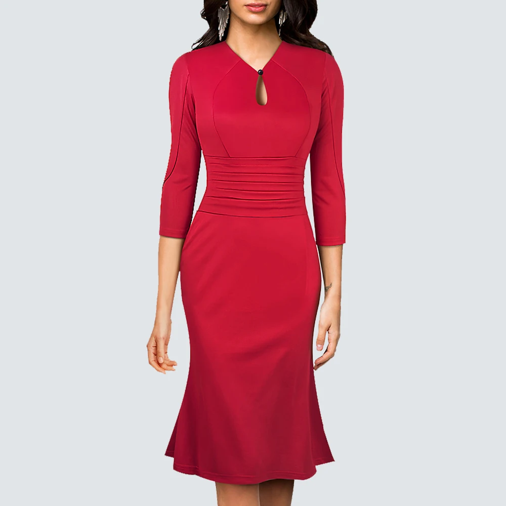

Women Formal Elegant Pure Color 3/4 Sleeve Hollow Lady Slim Office Fishtail Pencil Dress 1HG823