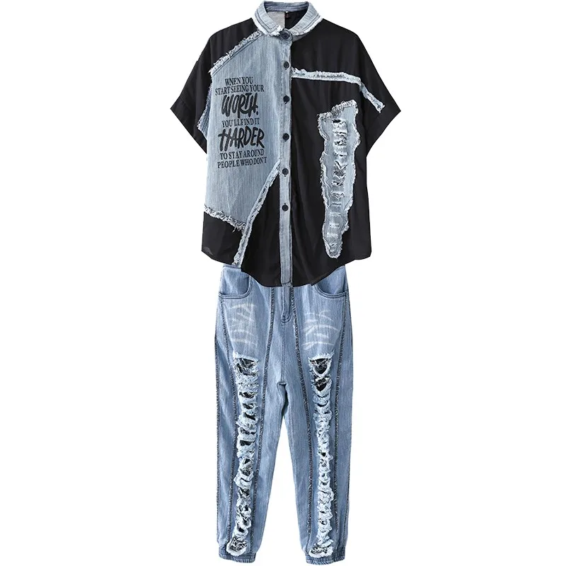 

Patchwork Printed Loose Denim Shirts Hole Ripped High Waist Jeans Women Two Piece Sets Hip Hop Street Summer Casual Matching Set