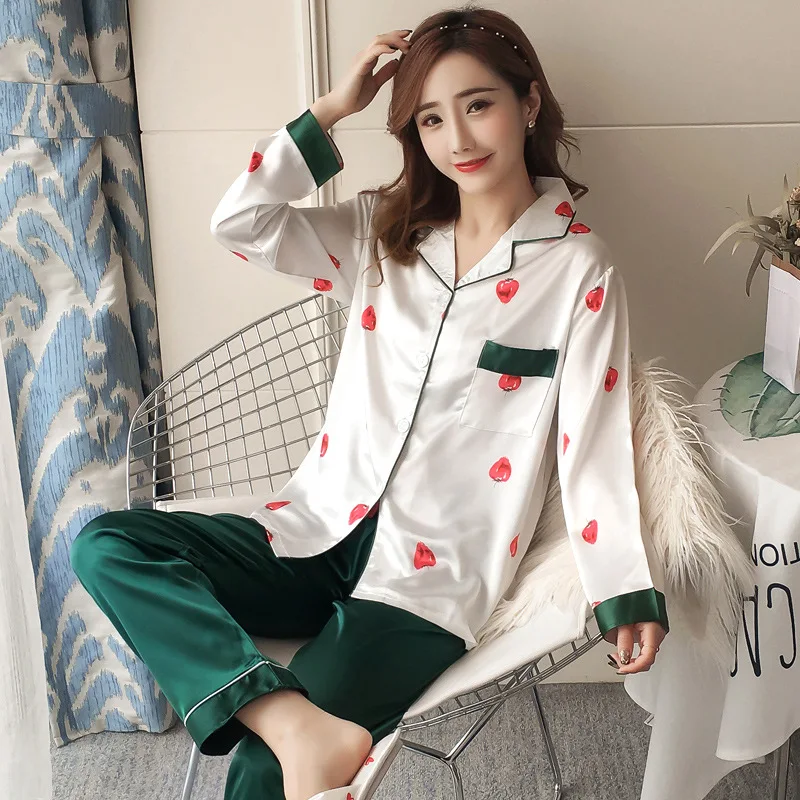 

IZICFLY Summer Autumn White Green Printed pijama Faux Silk Long Sleeve Sleepwear Pajamas Suit Female Sleep homewear -2 Pieces