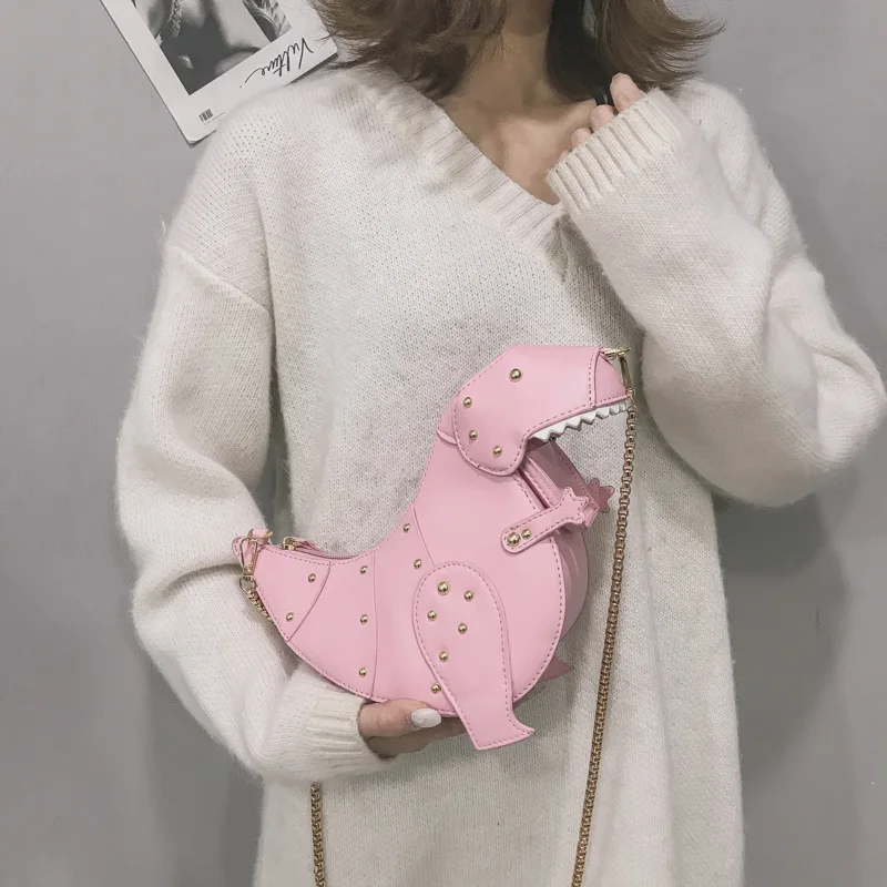 

Vogue Ins Dinosaur Bag for Students Women Leather Small Purse Pouch Cute Female Shoulder Messenger Bag Chain Rivet Bags