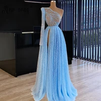 glitter sky blue one shoulder long sleeve prom gown with high split side floor length evening dresses cocktail dress beaded robe