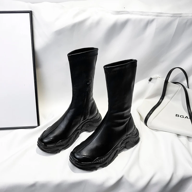 С волнообразным краем Zapatos De Mujer 2019 зимние Черная женская обувь модные сапоги