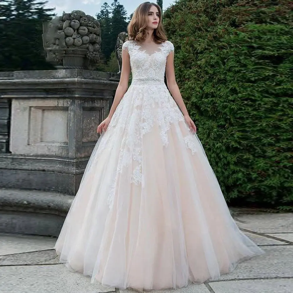 

Charming Weddding Dresses Elegant Scoop Neck Cap Sleeve Lace Appliques A Line Court Train Bridal Gowns Vestidos De Novia