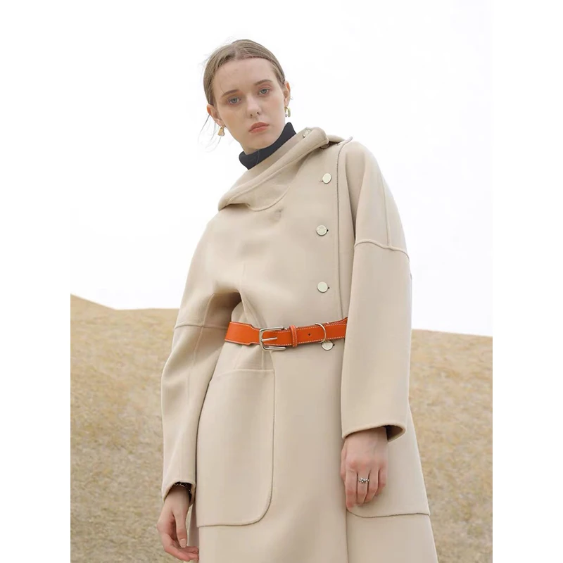 

Высококачественное шерстяное пальто с капюшоном 10,22, женская модная темпераментная длинная кашемировая верхняя одежда с поясом из натуральной кожи