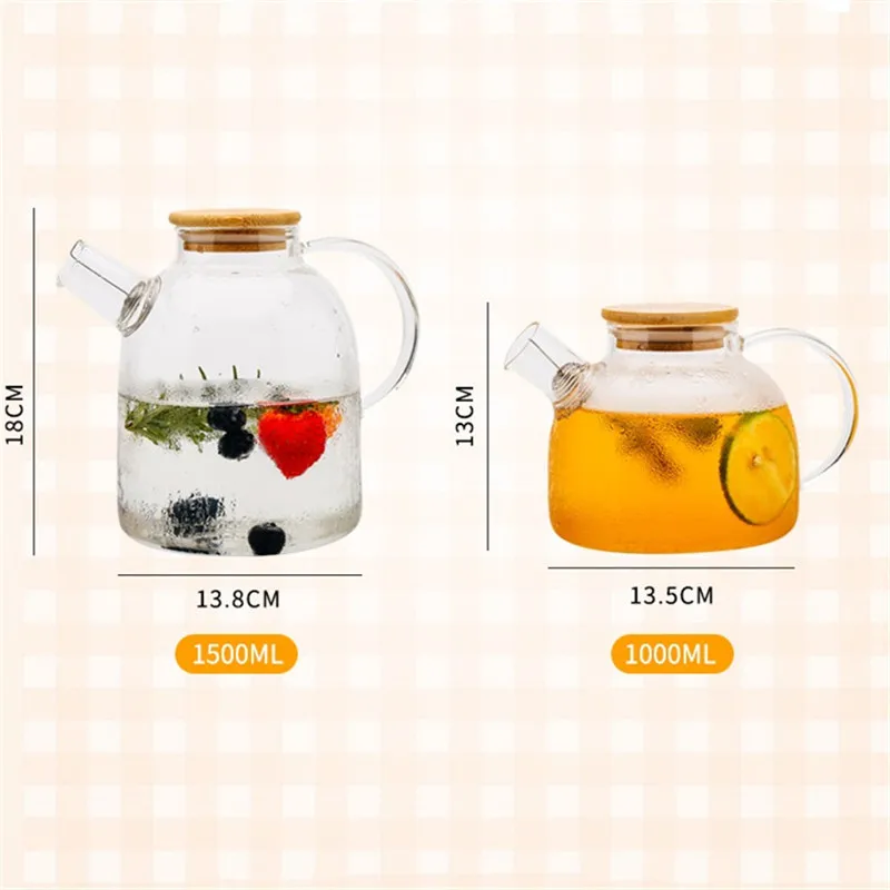 

1L/1.5L Borosilicate Glass Teapot Heat Resistant Tea Kettle Water Jug With Bamboo Cover Clear Juice Container Kitchen Teaware