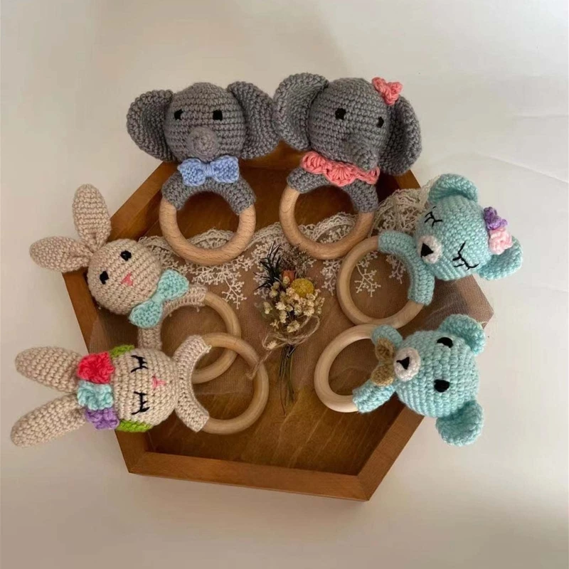

Cartoon Crochet Animal Rattle Infant Teething Nursing Soother Molar Toys Baby Wooden Teether Ring for Newborn Shower Gifts