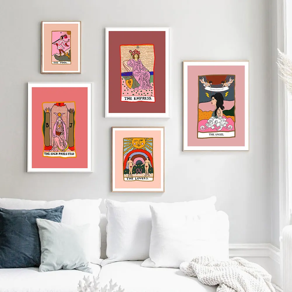 

Lovers Tarot Poster Angel Canvas Painting Illustrated Nordic Empress Wall Art Print Modern Fool Wall Picture for Room Home Decor