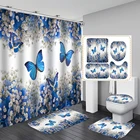 Занавеска и коврик для ванной комнаты с синей бабочкой, красивый цветочный узор, коврик с пьедесталом, крышка для туалета, коврик, занавеска для ванны