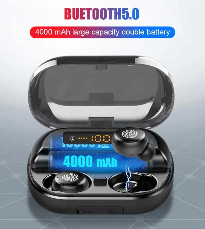 Беспроводные миниатюрные наушники TWS с поддержкой Bluetooth 5 0 и влагозащитой IPX7 4000 мА