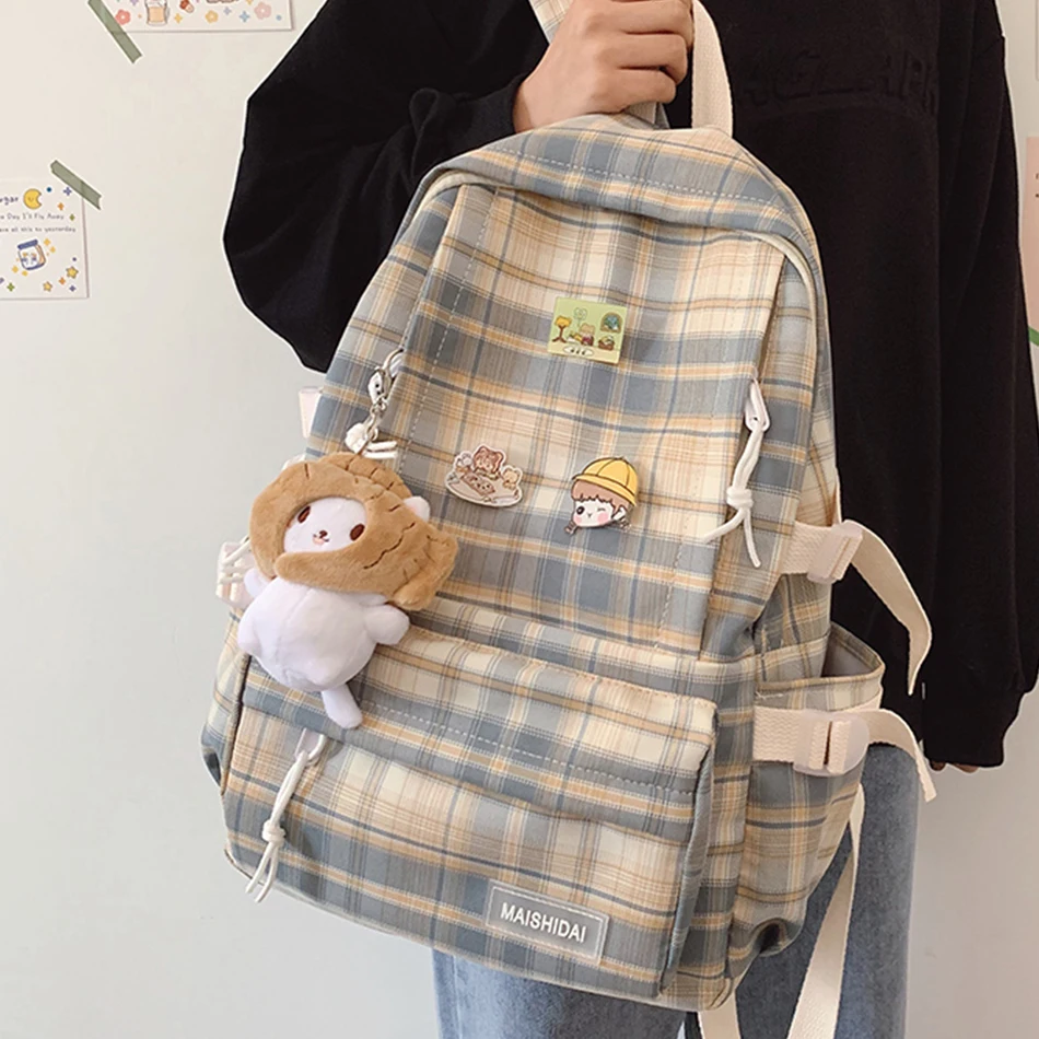 

Fashion Plaid Women Backpack Waterproof Nylon Backpacks for School Teenagers Girls Simple Stripe Bookbag Campus Students Backbag