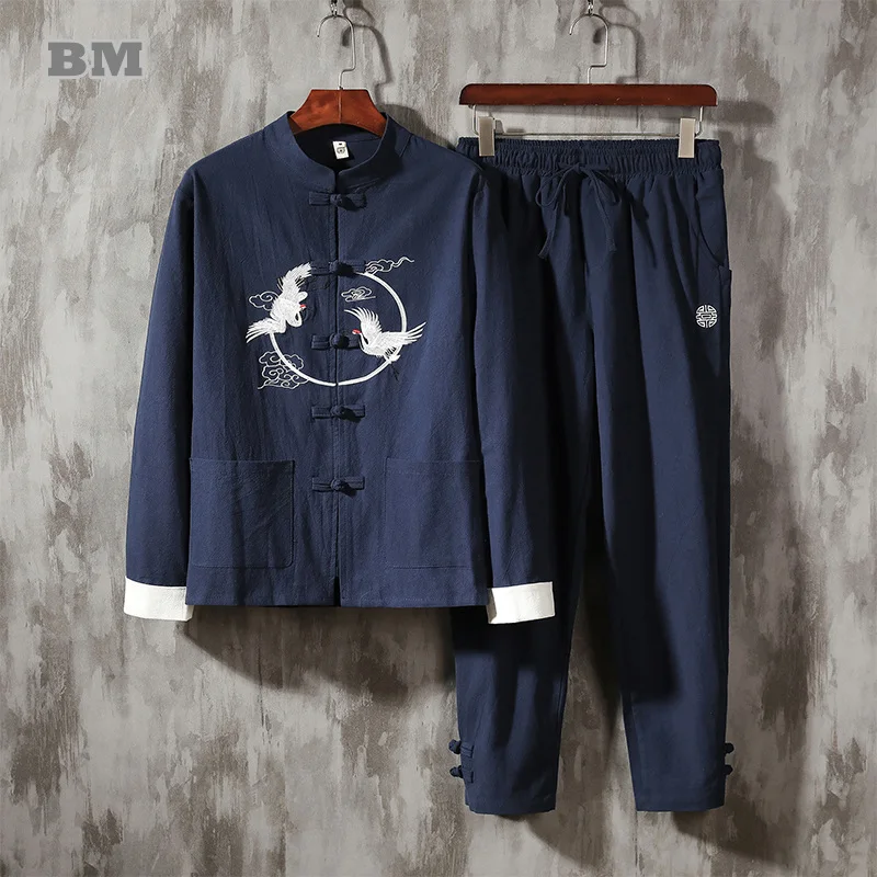

2021 Chinese Traditional Costumes Crane Embroidery Suit Plus Size Tang Suit Men Clothing Wu Dang Tai Chi Kung Fu Clothes