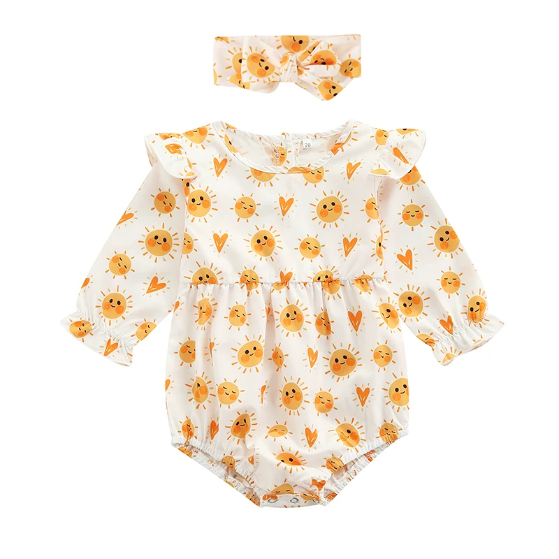 

2 Pcs Newborn Casual Outfits Toddler Baby Girls Printed Fly Sleeve Round Neck Playsuit + Bow Headband Clothes for Newborns