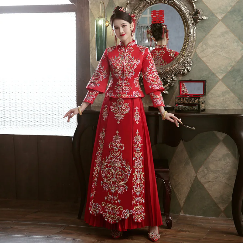 

Oriental Style Wedding Dress Vintage Slim Fit Chinese Traditional Embroidery Cheongsam Banquet Stylish Bride китайская одежда
