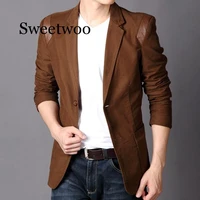 new fashion spring and autumn mens clothing casual slim fit blazer leather patchwork suits jacket men outwear