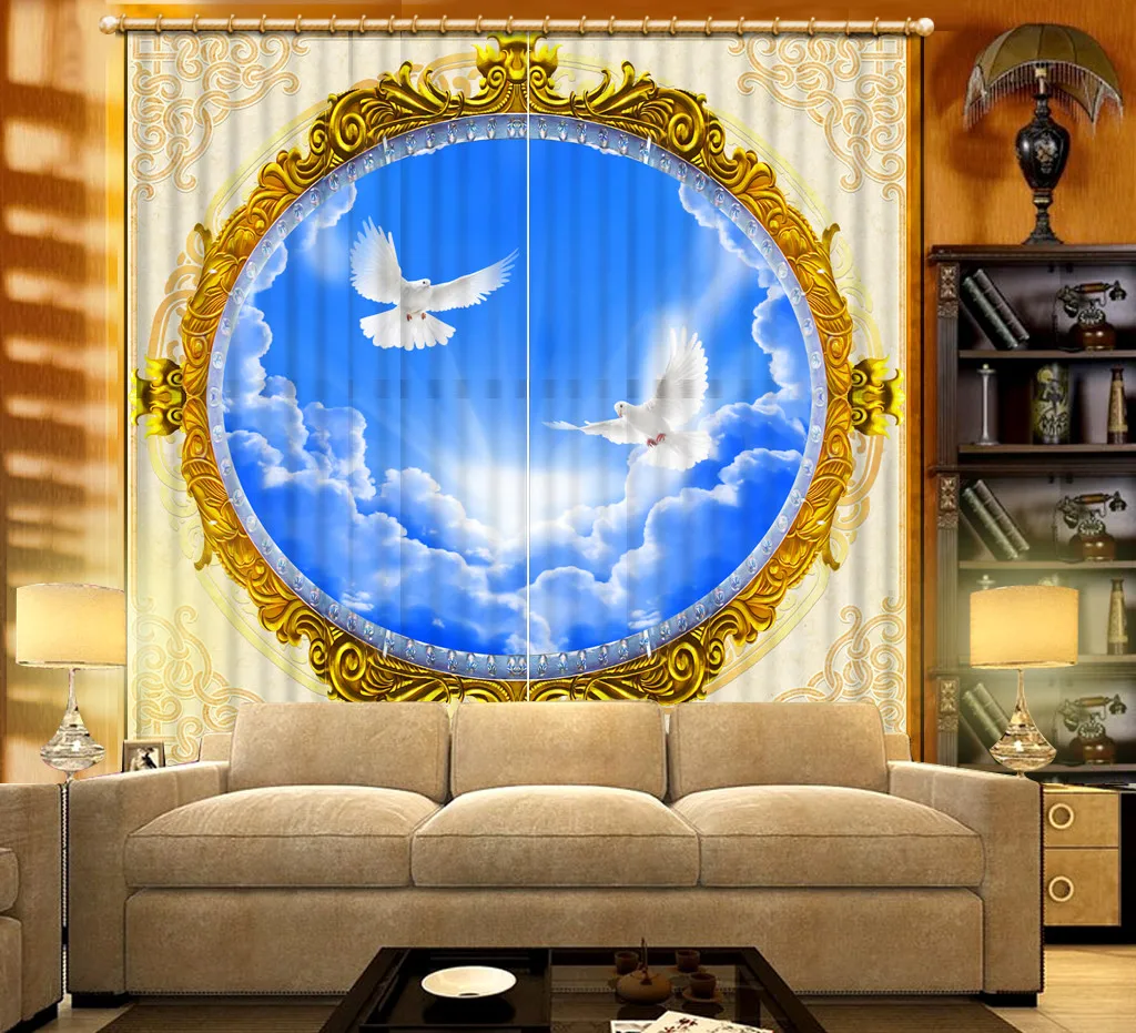 

Flying birds blue sky white clouds Painting Blackout Curtains Living Room Drapes Curtains Sunshade Window Curtain 3D Curtains
