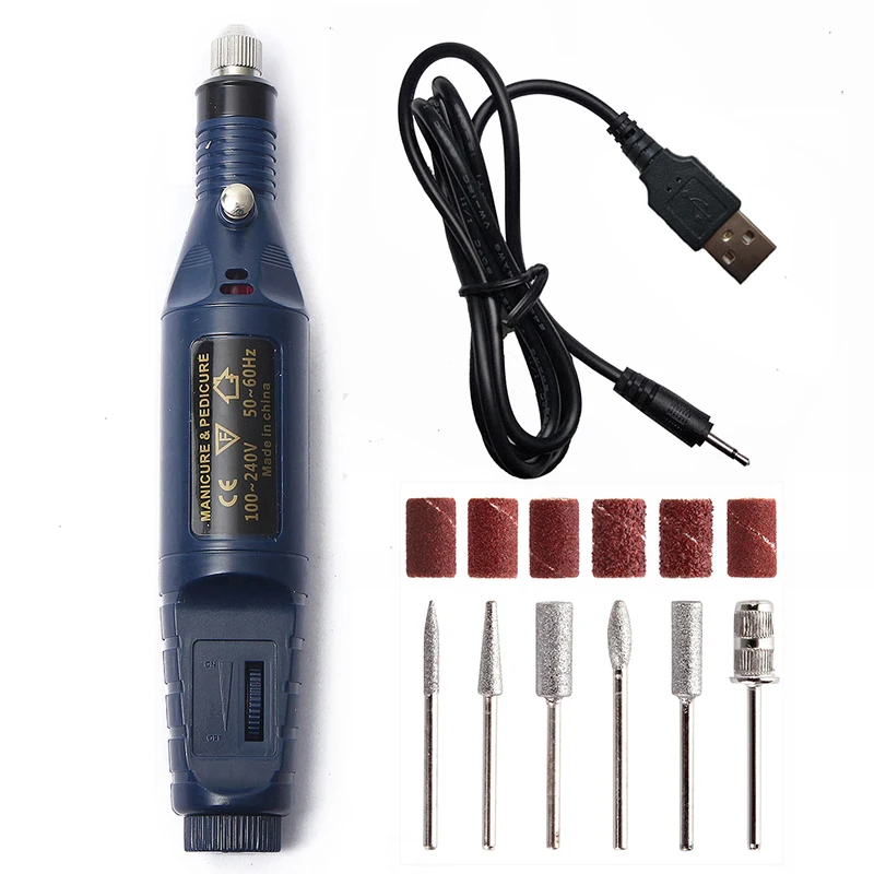 Navy 1 Набор, 5 В, USB, одна, низкая скорость, электрическая дрель для ногтей, машинка для маникюра, пилка для дизайна ногтей, сверла для ногтей, инструмент, аппарат для педикюра - Цвет: Navy