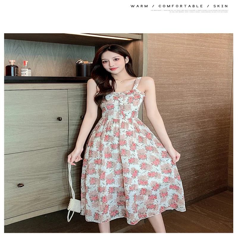 

2021 summer French temperament new long super fairy chiffon skirt sling floral dress with wood ears