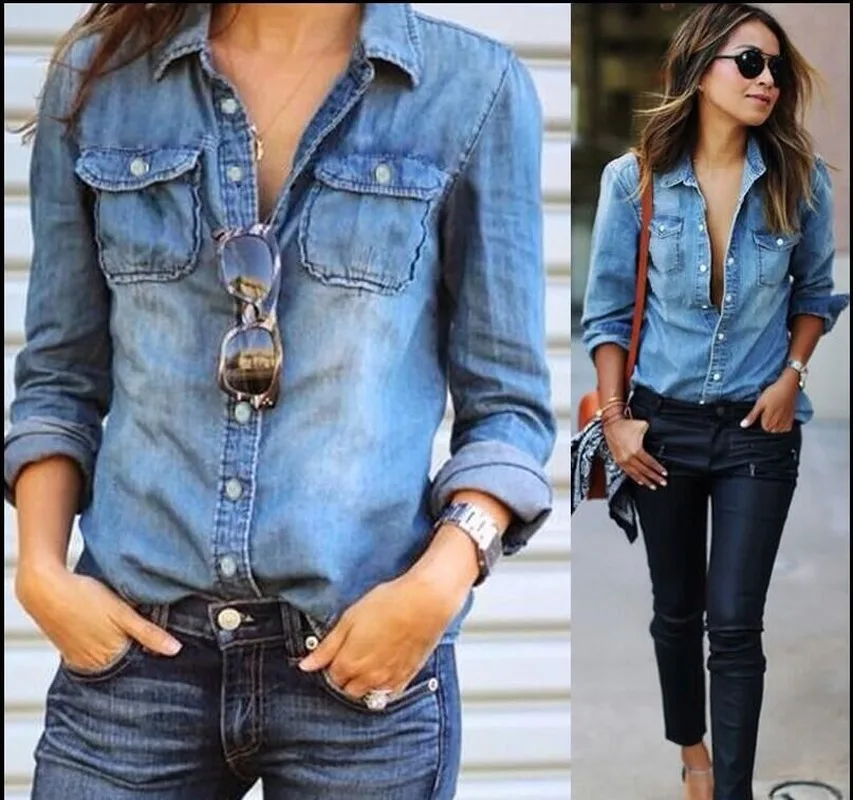 

2021 the latest European and American style solid button lapel women fashion casual denim women long sleeve shirt
