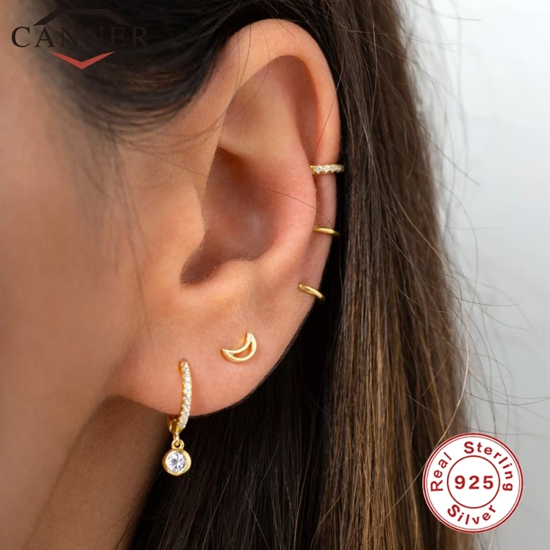 

CANNER Hoop Earrings Silver 925 for Women Gold Moon Pearl Huggie Hoops Earrings With Zircon CZ Minimalist Jewelry aretes