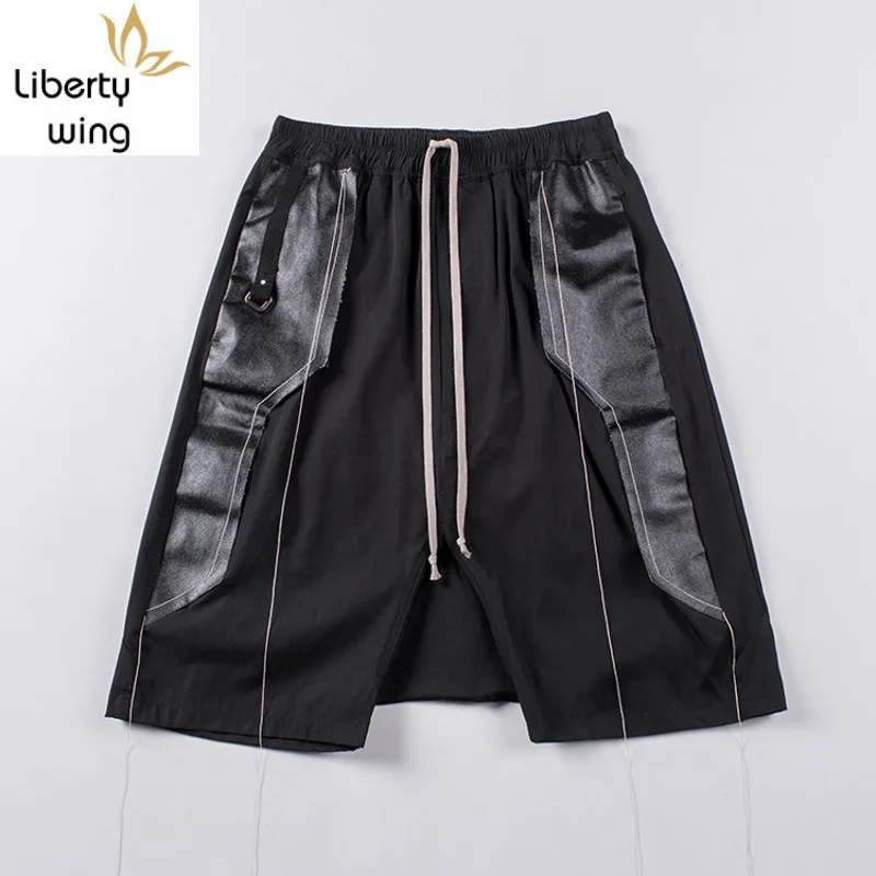 Luxury New Brand Streetwear Denim Patchwork Harem Elastic Drawstring Waist Knee Length Loose Pockets Mens Shorts