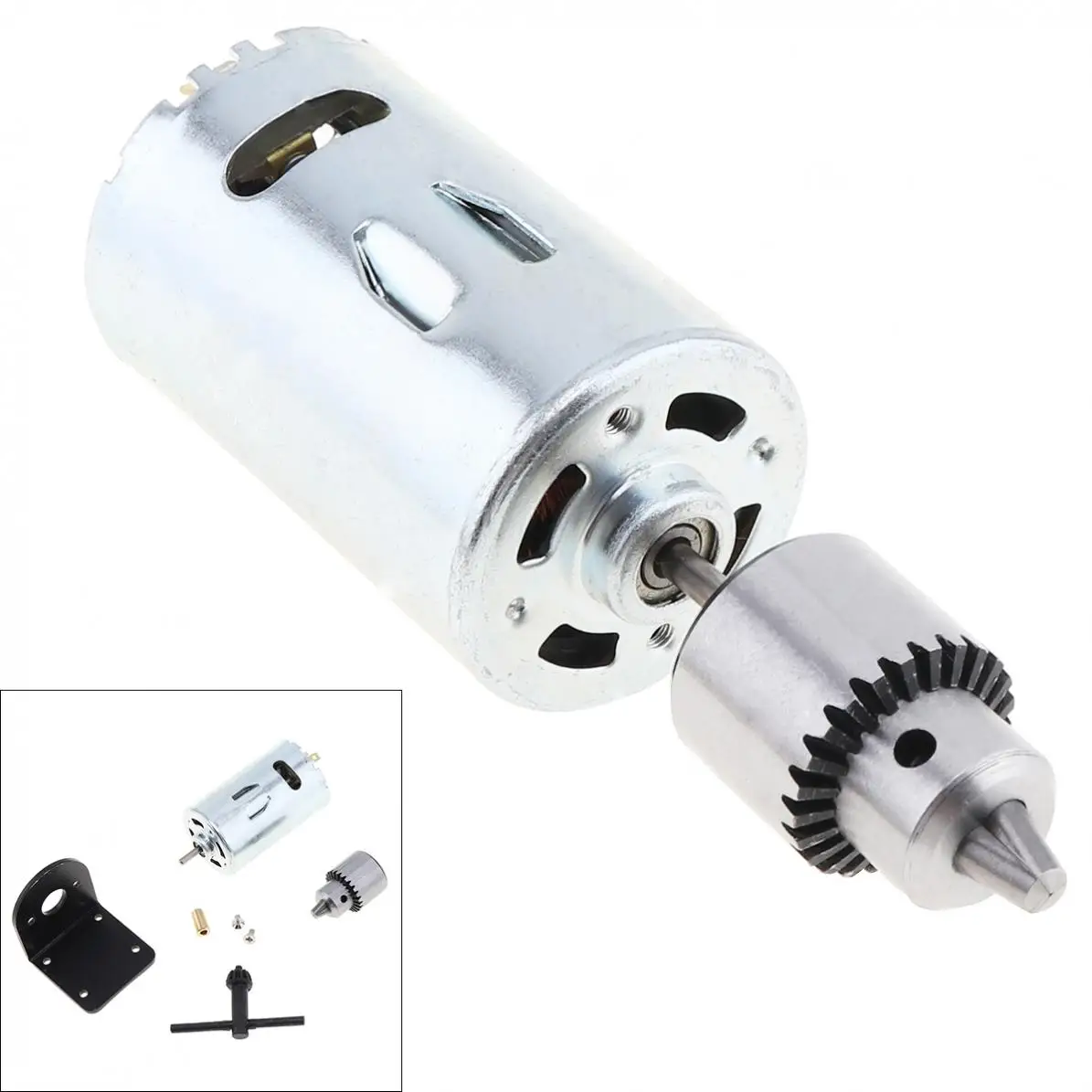 

DC Electric Drill 12V-36V 555 Motor Bench Drill with 0.3-4mm JTO Chuck and Mounting Bracket Lathe Press Motor Tool Set