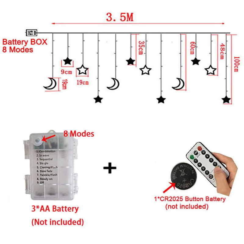 battery operated led star moon fairy curtain string lights christmas garland outdoor for home wedding party garden window decor free global shipping