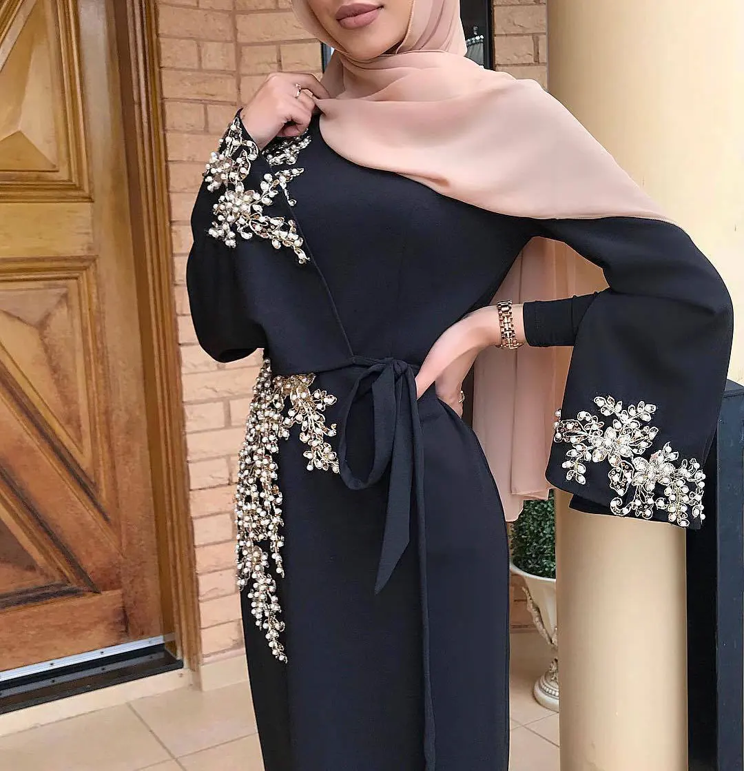 

women pearls design Dress lace up waist muslim abaya robe african dashiki Dubai Arabic ramadan kaftan gown plus size VKDR2473