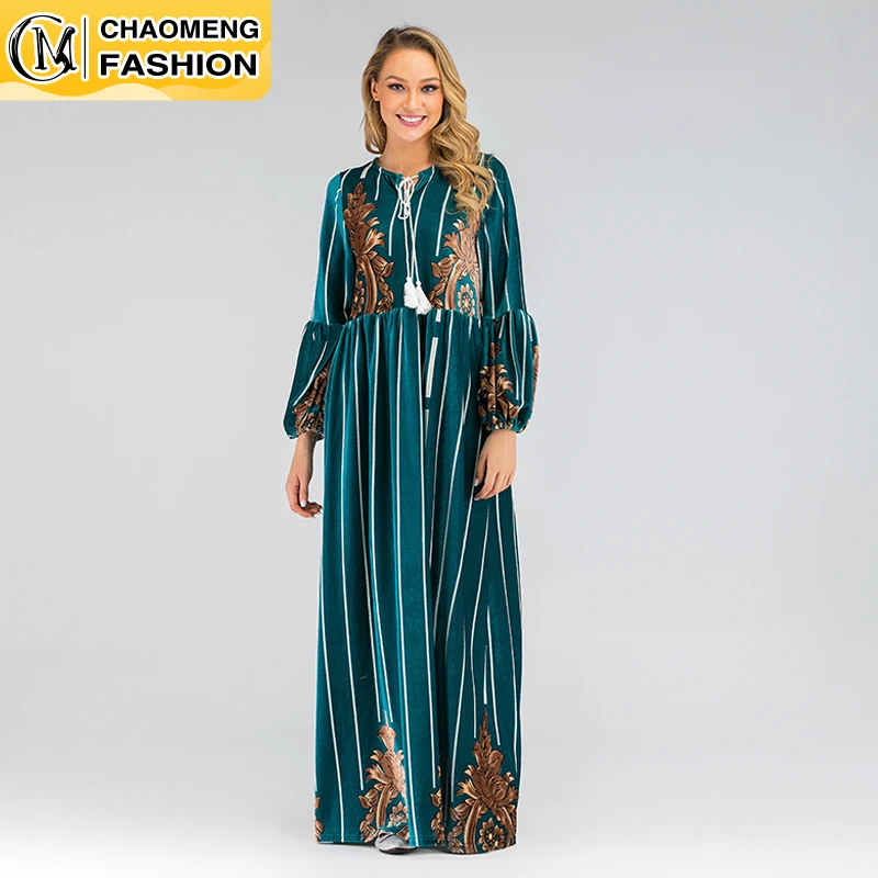 

New Muslim Arabic Velvet Pakistani Turkey Dubai Abaya Print Long Sleeve Islamic Clothing Ramadan Women Modest Dress