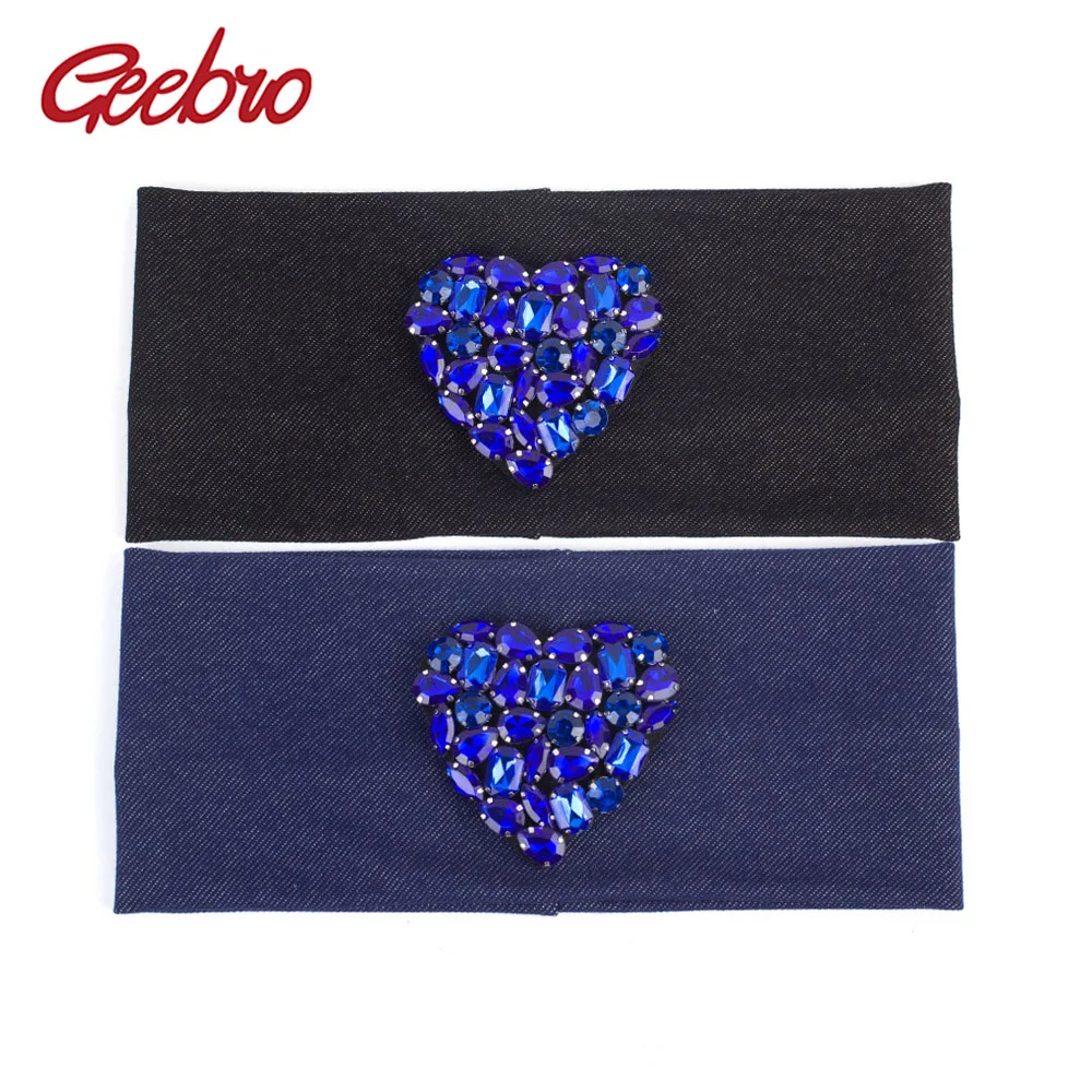 Stretch Soft Headband Royal Blue Heart Elastic Flat Headband Girls With Rhinestones Hair Accessories