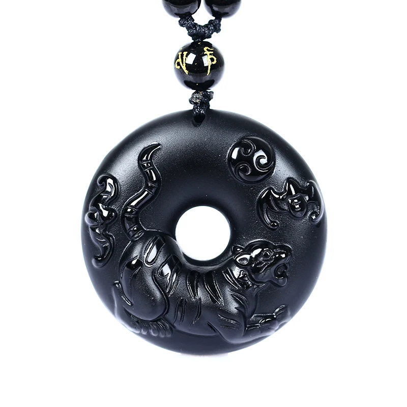

Natural Black Obsidian Beads Necklace Hand-Carved Zodiac Tiger Safety Button Pendant Fashion Jewelry for Man Women Amulet Gifts