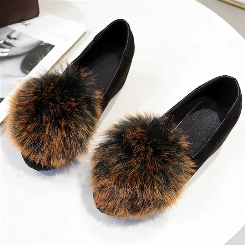 Модные женские меховые лоферы с кроличьим мехом бархатные туфли из флока удобные