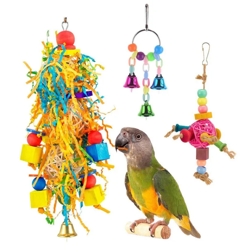 

3pcs Interesting Bird Swing Chewing Training Toys Parrot Hammock Parrot Cage Bell Perch Toys With Wooden Beads Hanging Training