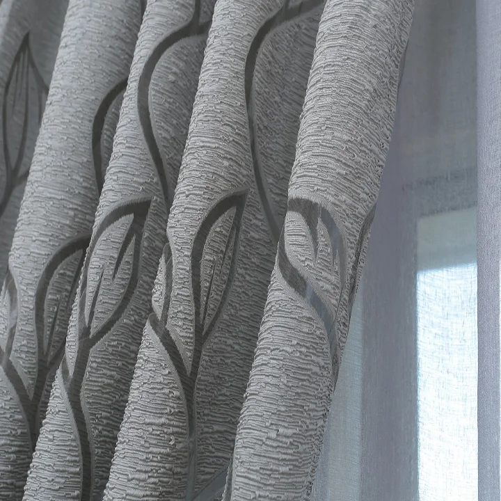 

100%Polyster Morden Decoration Living Room Curtains Window Treatments Jacquard Leaf Designer Gray Curtain For Kitchen Bedroom