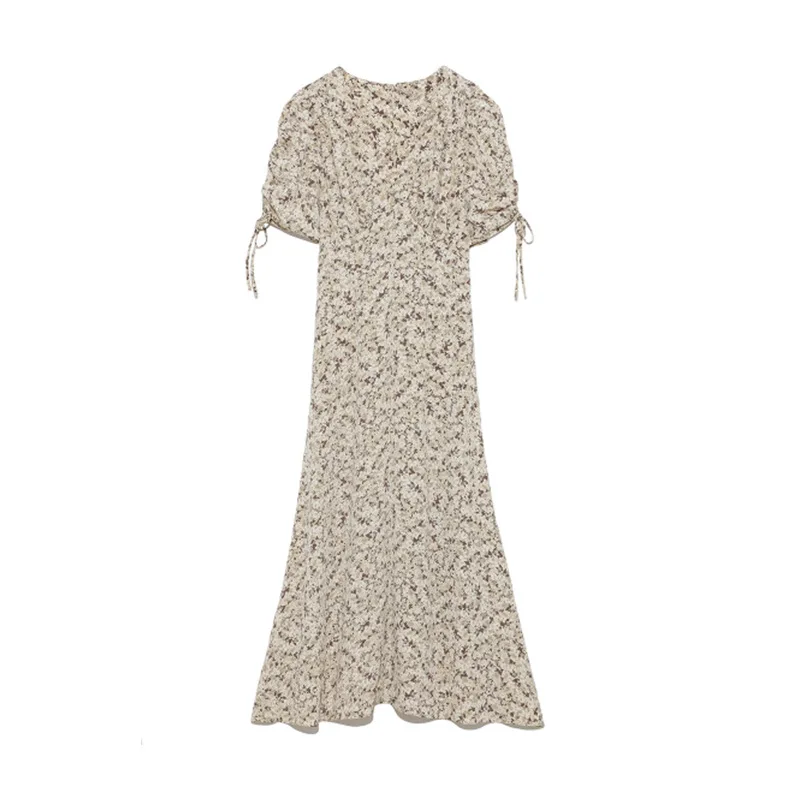 

V Neck Slim Waist Print Trumpet Dress 2021 Spring Summer Japan Style Women Dresses Sweet Puff Short Sleeve Vestidos