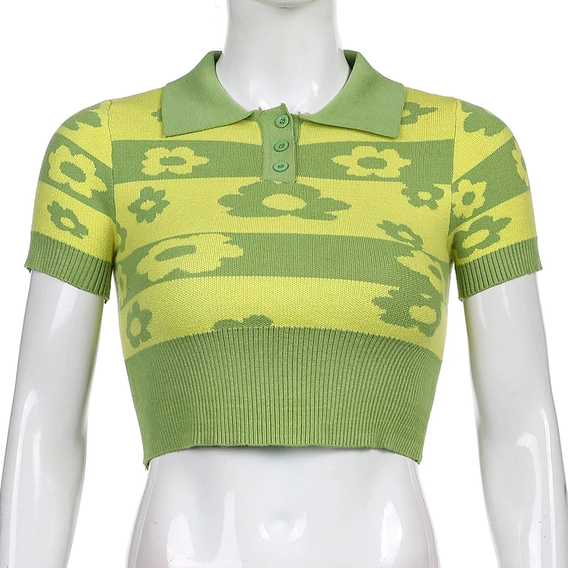 

2000s Aesthetic Kawaii Summer Floral Print Y2k Knit T-Shirts Girls Green Crop Top TeeShort Sleeve Female 2021 Turn Down Collar