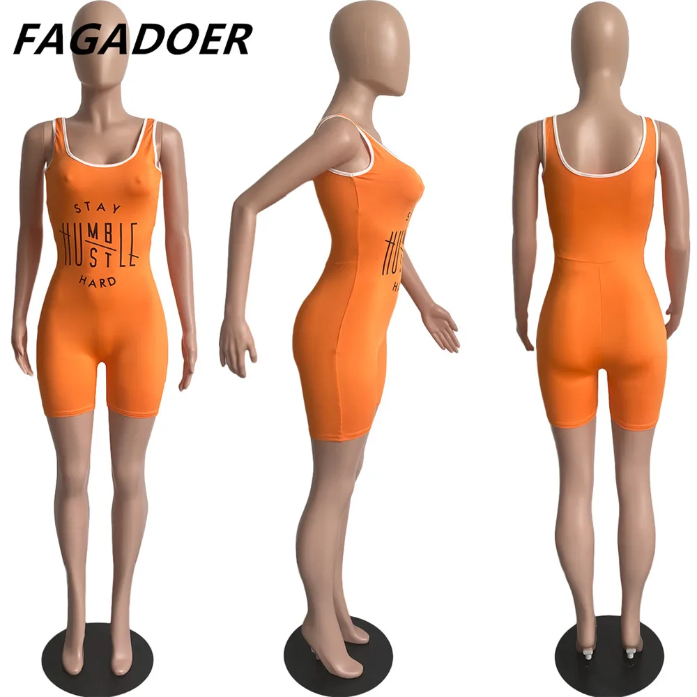 Sporty Casual Summer Playsuit Women Sleeveless Short Romper Sexy Bodycon Female Fashion Letter Print Bodysuit Street Rompers