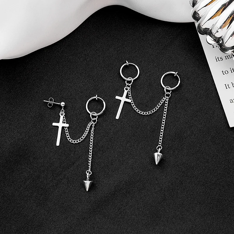 

Stainless steel cross pointed cone chain tassel integrated ear clip hip-hop earrings