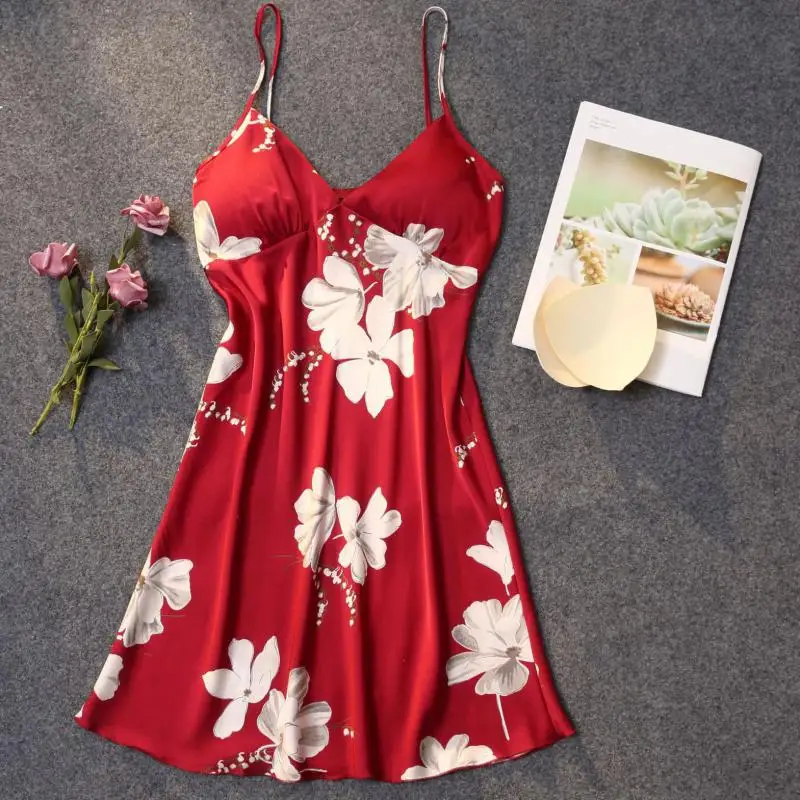 

Print Nightgown V-Neck Sleepwear Women Sexy Nightdress Satin Sleepdress Faux Silk Nightwear Casual Home Dressing Gown Lingerie
