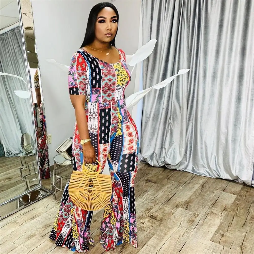 

women street casual sexy jumpsuits short sleeve printed jumpsuits