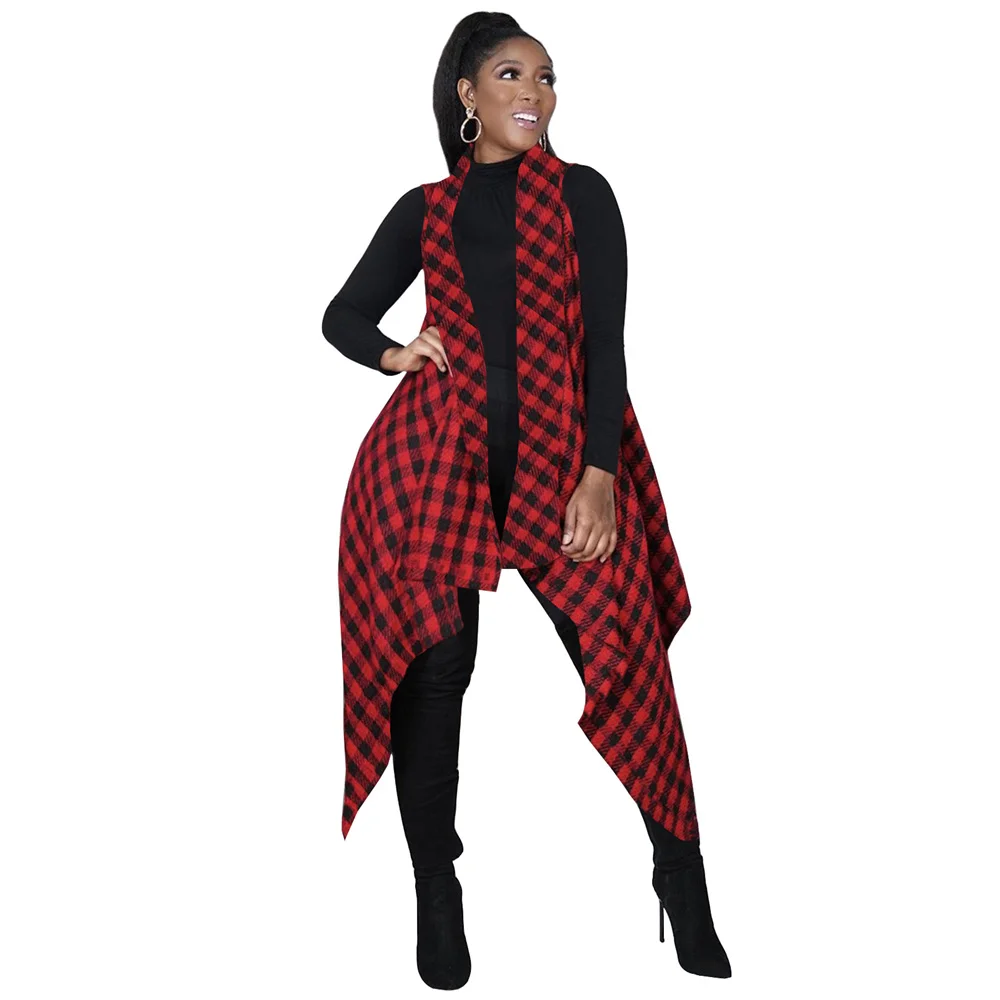 Женская длинная куртка в клетку Асимметричное пальто без рукавов с