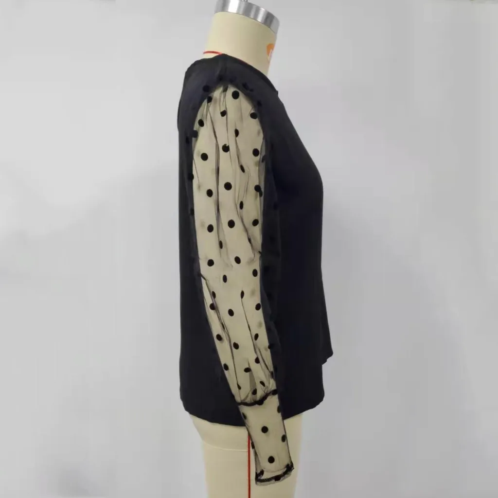 Fashion Dot Lantern Sleeve T-Shirt Perspective Casual Autumn Ladies O-Neck Tops Female Women Long Shirt Blusas Pullover | Женская одежда